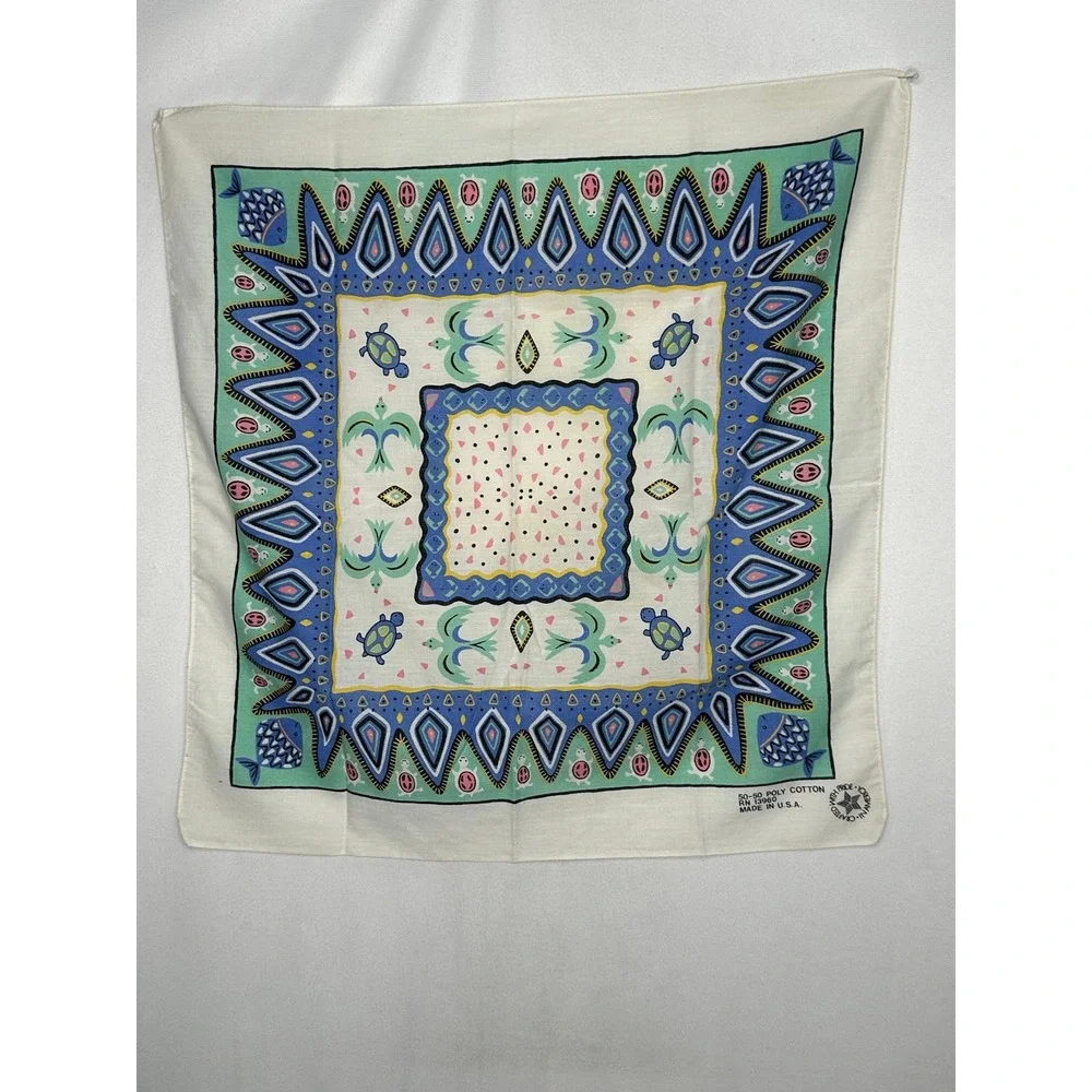 Vintage Sea Turtle Fish Bird Bandana White Blue Green Novelty Scarf Made in USA